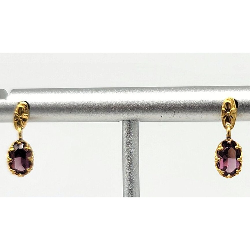 14Kt Yellow Gold Amethyst Gemstone Purple Drop Earrings Oval Vintage Sparkly!